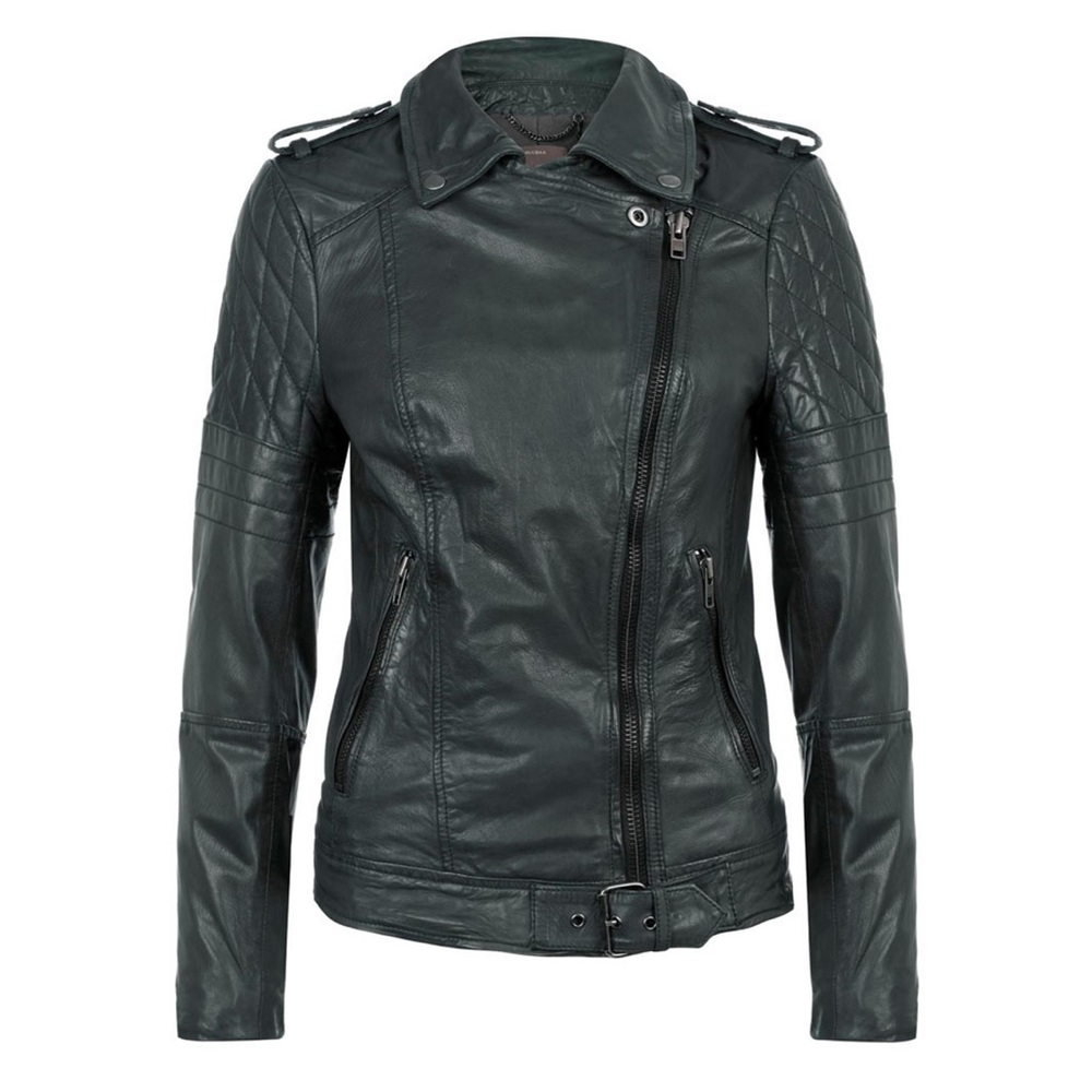MUUBAA Nido Moto Green Quilted Goat Leather Jacket Coat